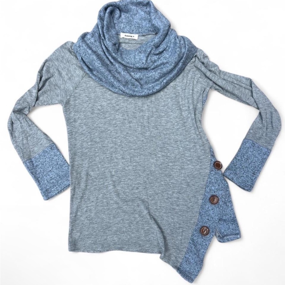 ADORA Blue Cowl Neck Sweater Asymmetrical Design